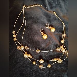 19"Three Strand Silver Pearl & Clear Bead Wire Necklace With Pearl Tone Earrings